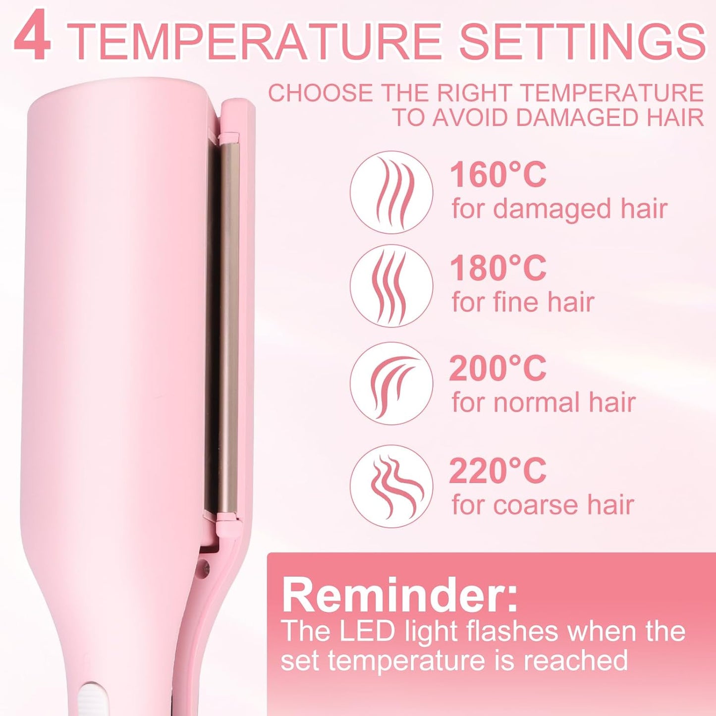 Hair Styling Tool with Negative Ionic Technology, Beach Wave Hair Waver with Negative Ion Technology, Creating Smooth Waves French Style, Waves on All Hair Types (Pink)