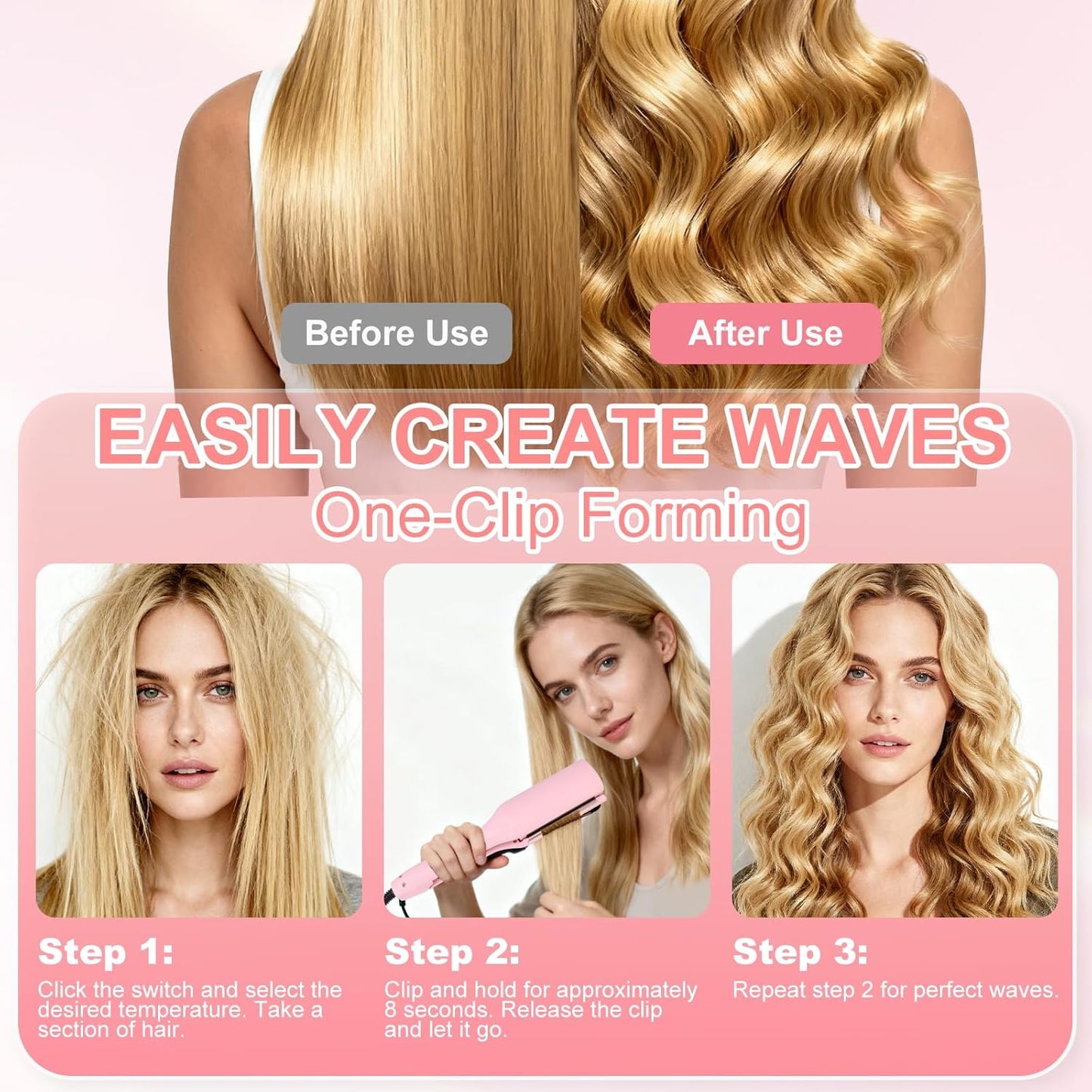 Hair Styling Tool with Negative Ionic Technology, Beach Wave Hair Waver with Negative Ion Technology, Creating Smooth Waves French Style, Waves on All Hair Types (Pink)